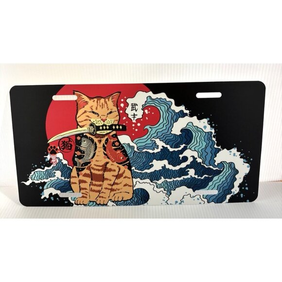 Japanese Anime Samurai Cat Aluminum License Plate Ocean Wave Red Sun Design NEW - Picture 1 of 6